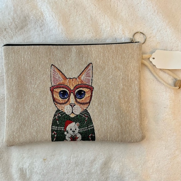 NWT Pearls & Textiles Double Sided Cat with Glasses Cosmetics Bag - Picture 2 of 2